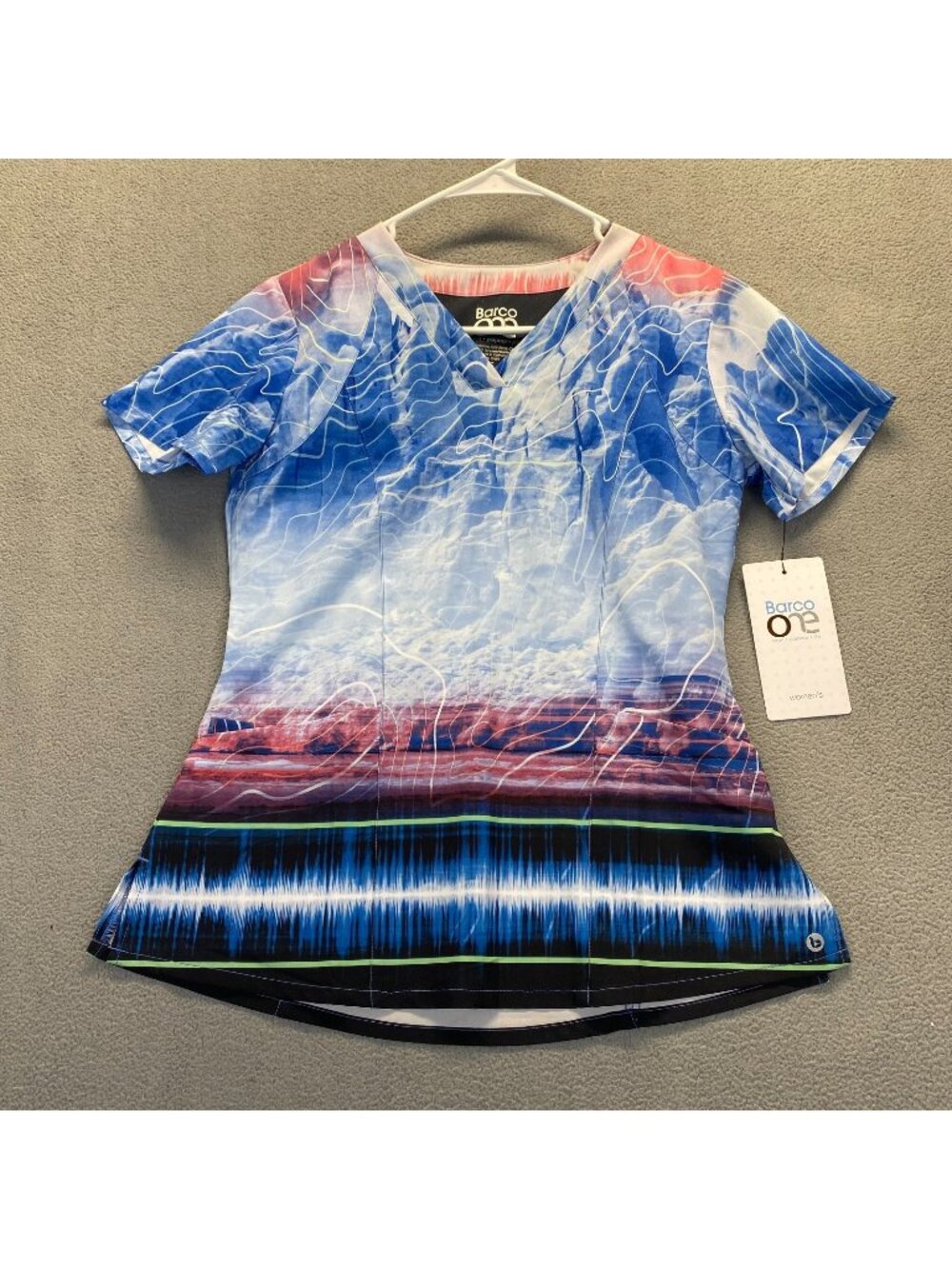 Women's Barco One Aqua Blue Tie-Dye Style Medical Scrub Top  Pockt S Lightweight